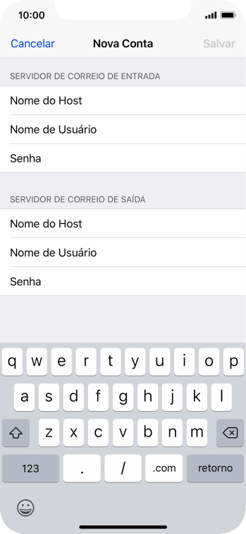 Pressione Nome do Host, e insira o nome do servidor de saída do seu provedor de e-mails. Pressione Nome do Host, e insira o nome do servidor de saída do seu provedor de e-mails.
