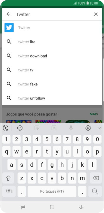 Digite Twitter e pressione o ícone de busca. Digite Twitter e pressione o ícone de busca.