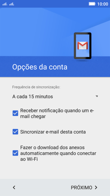 Se a tela mostrar essa imagem, sua conta foi reconhecida e configurada automaticamente. Siga as instruções da tela para inserir mais informações e finalizar a configuração. Se a tela mostrar essa imagem, sua conta foi reconhecida e configurada automaticamente. Siga as instruções da tela para inserir mais informações e finalizar a configuração.