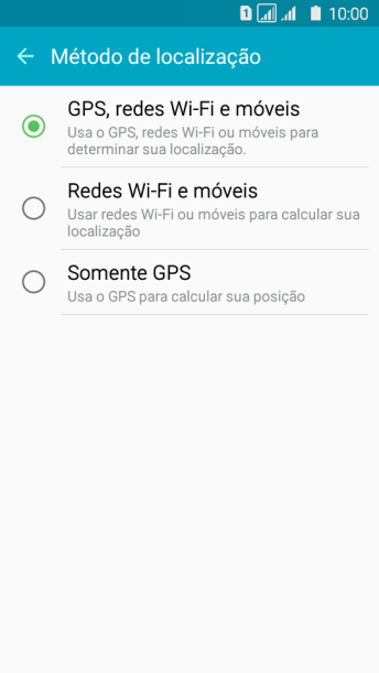 Se você selecionar GPS, redes Wi-Fi e móveis, o seu celular poderá encontrar sua posição precisa com ajuda dos satélites GPS, rede celular e e da rede Wi-Fi próximos à você. O GPS via satélite requer uma visão livre para o céu. Se você selecionar GPS, redes Wi-Fi e móveis, o seu celular poderá encontrar sua posição precisa com ajuda dos satélites GPS, rede celular e e da rede Wi-Fi próximos à você. O GPS via satélite requer uma visão livre para o céu.