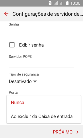 Pressione Nunca para manter os e-mails no servidor, quando você apagá-los do celular. Pressione Nunca para manter os e-mails no servidor, quando você apagá-los do celular.