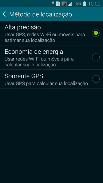Se você selecionar Alta precisão, o seu celular poderá encontrar sua posição exata com ajuda dos satélites GPS, rede celular e e da rede Wi-Fi próximos à você. Se você selecionar Alta precisão, o seu celular poderá encontrar sua posição exata com ajuda dos satélites GPS, rede celular e e da rede Wi-Fi próximos à você.