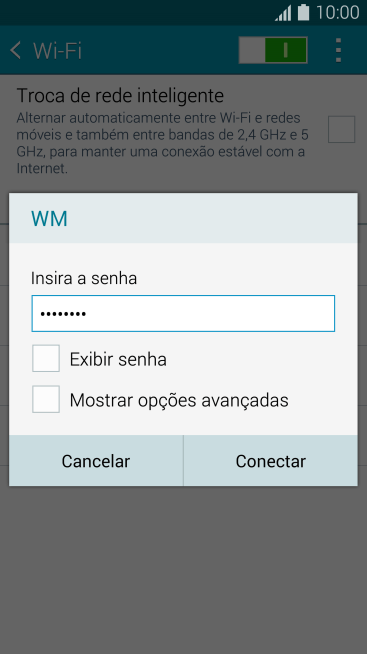 Digite a senha da sua conta da rede Wi-Fi, e pressione Conectar. Digite a senha da sua conta da rede Wi-Fi, e pressione Conectar.