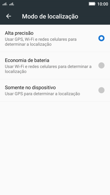 Se você selecionar Alta precisão, o seu celular poderá encontrar sua posição precisa com ajuda dos satélites GPS, rede celular e e da rede Wi-Fi próximos à você. O GPS via satélite requer uma visão livre para o céu. Se você selecionar Alta precisão, o seu celular poderá encontrar sua posição precisa com ajuda dos satélites GPS, rede celular e e da rede Wi-Fi próximos à você. O GPS via satélite requer uma visão livre para o céu.