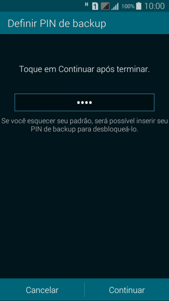 Digite um código PIN de quatro cifras e pressione Continuar. Digite um código PIN de quatro cifras e pressione Continuar.