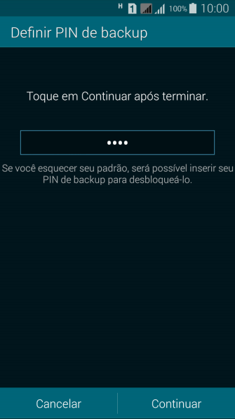 Digite um código PIN de quatro cifras e pressione Continuar. Digite um código PIN de quatro cifras e pressione Continuar.