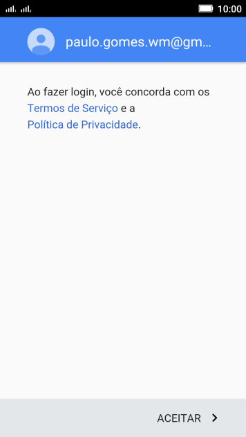Pressione ACEITAR, e siga as indicações da tela para selecionar as configurações da sua conta Google. Pressione ACEITAR, e siga as indicações da tela para selecionar as configurações da sua conta Google.