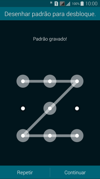 Mova os dedos na tela para conectar pelo menos quatro pontos, e pressione Continuar. Mova os dedos na tela para conectar pelo menos quatro pontos, e pressione Continuar.