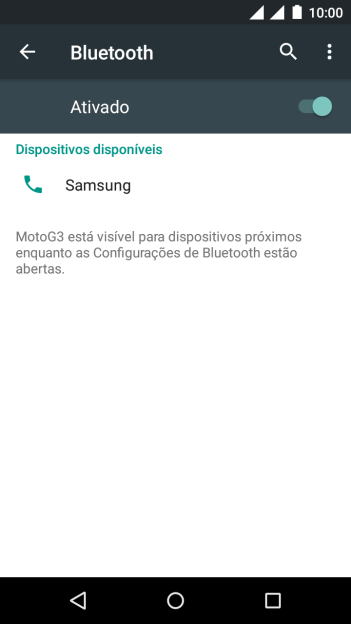 Pressione o dispositivo Bluetooth desejado, e siga as instruções da tela para conectar o dispositivo ao seu celular. Pressione o dispositivo Bluetooth desejado, e siga as instruções da tela para conectar o dispositivo ao seu celular.