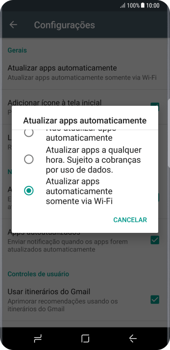 Para ativar a atualização automática de apps via Wi-Fi, você deve pressionar Atualizar apps automaticamente somente via Wi-Fi. Para ativar a atualização automática de apps via Wi-Fi, você deve pressionar Atualizar apps automaticamente somente via Wi-Fi.