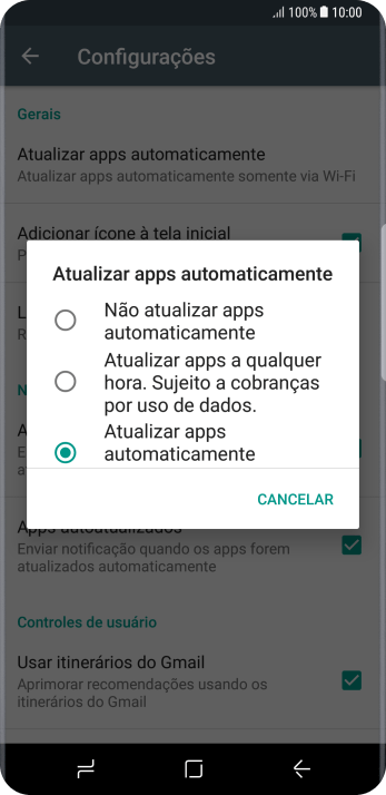 Para desativar a atualização automática de apps, você deve pressionar Não atualizar apps automaticamente. Para desativar a atualização automática de apps, você deve pressionar Não atualizar apps automaticamente.