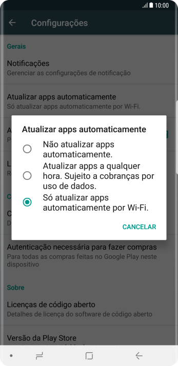 Para desativar a atualização automática de apps, você deve pressionar Não atualizar apps automaticamente.. Para desativar a atualização automática de apps, você deve pressionar Não atualizar apps automaticamente..