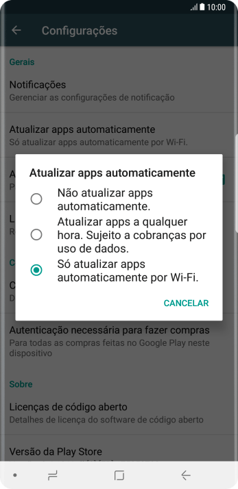 Para desativar a atualização automática de apps, você deve pressionar Não atualizar apps automaticamente.. Para desativar a atualização automática de apps, você deve pressionar Não atualizar apps automaticamente..