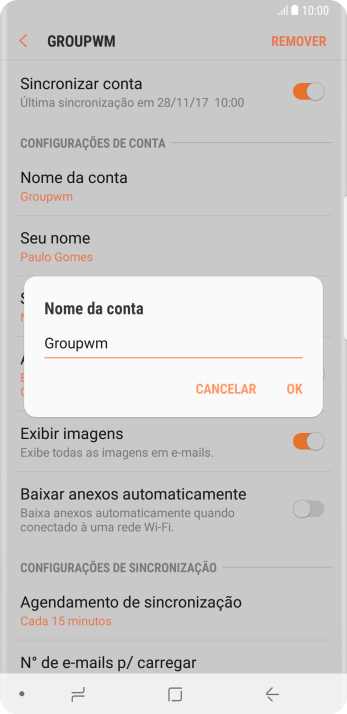 Digite o nome da conta de e-mail, e pressione OK. Digite o nome da conta de e-mail, e pressione OK.