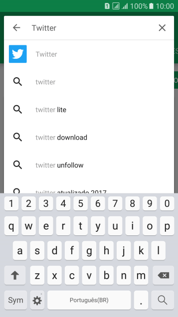 Digite Twitter, e pressione o ícone de busca. Digite Twitter, e pressione o ícone de busca.