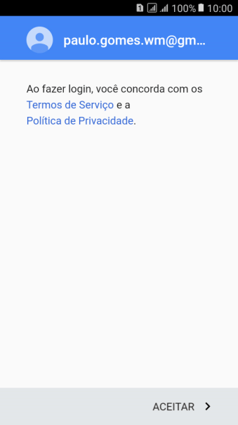 Pressione ACEITAR, e siga as indicações da tela para selecionar as configurações da sua conta Google. Pressione ACEITAR, e siga as indicações da tela para selecionar as configurações da sua conta Google.