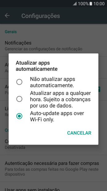 Para desativar a atualização automática de apps, você deve pressionar Não atualizar apps automaticamente.. Para desativar a atualização automática de apps, você deve pressionar Não atualizar apps automaticamente..