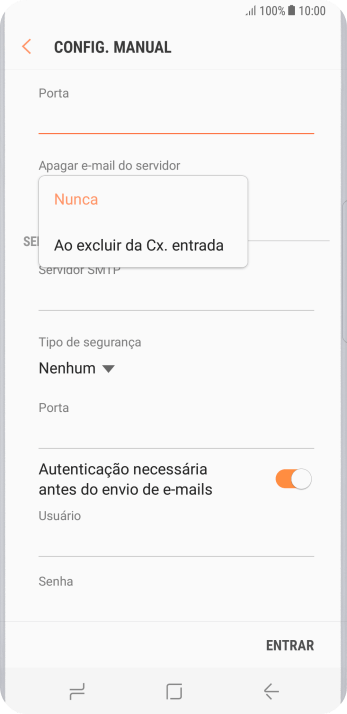 Pressione Nunca para manter os e-mails no servidor, quando você apagá-los do celular. Pressione Nunca para manter os e-mails no servidor, quando você apagá-los do celular.