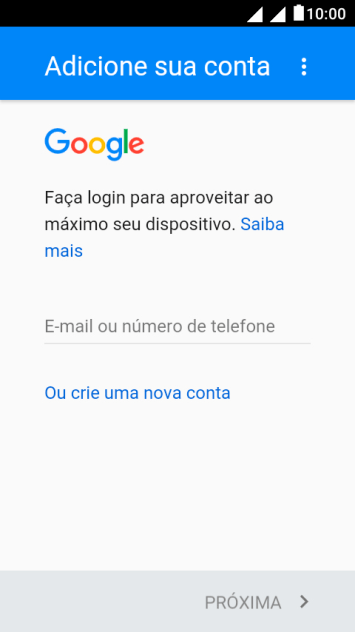 Se você não tiver uma conta Google, deve pressionar Ou crie uma nova conta, e seguir as instruções da tela para instalar uma conta. Se você não tiver uma conta Google, deve pressionar Ou crie uma nova conta, e seguir as instruções da tela para instalar uma conta.