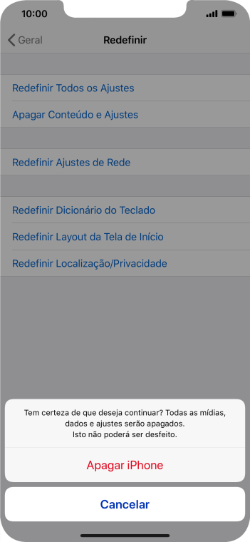 Pressione Apagar iPhone. Aguarde um instante, enquanto o celular restaura as configurações padrão. Siga as indicações da tela para configurar o celular, e deixá-lo pronto para o uso. Pressione Apagar iPhone. Aguarde um instante, enquanto o celular restaura as configurações padrão. Siga as indicações da tela para configurar o celular, e deixá-lo pronto para o uso.