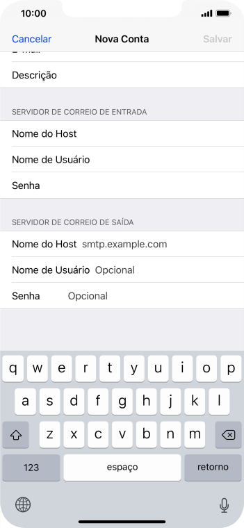 Pressione Nome do Host, e insira o nome do servidor de saída do seu provedor de e-mails. Pressione Nome do Host, e insira o nome do servidor de saída do seu provedor de e-mails.
