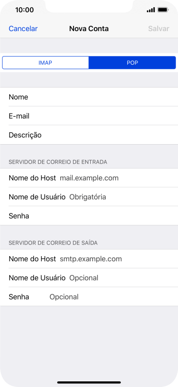 Pressione Nome do Host, e insira o nome do servidor de entrada do seu provedor de e-mails. Pressione Nome do Host, e insira o nome do servidor de entrada do seu provedor de e-mails.