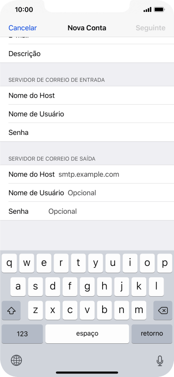 Pressione Nome do Host, e insira o nome do servidor de saída do seu provedor de e-mails. Pressione Nome do Host, e insira o nome do servidor de saída do seu provedor de e-mails.