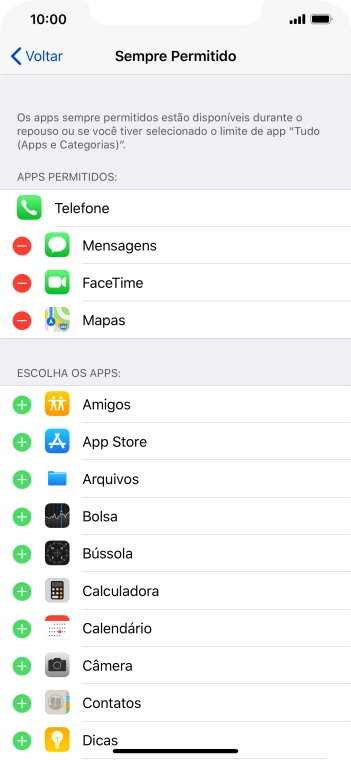 Pressione o ícone de adicionar ao lado do app desejado para adicioná-lo à lista de apps permitidos no Repouso. Pressione o ícone de adicionar ao lado do app desejado para adicioná-lo à lista de apps permitidos no Repouso.