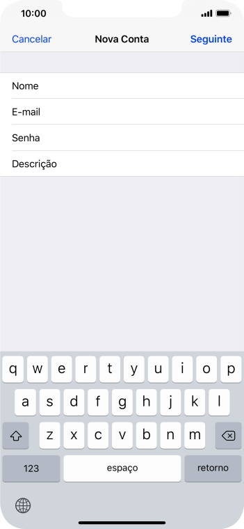 Pressione Descrição, e digite o nome da conta de e-mail. Pressione Descrição, e digite o nome da conta de e-mail.