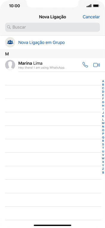 Pressione o campo de busca, e digite as primeiras letras do nome do contato. Pressione o campo de busca, e digite as primeiras letras do nome do contato.