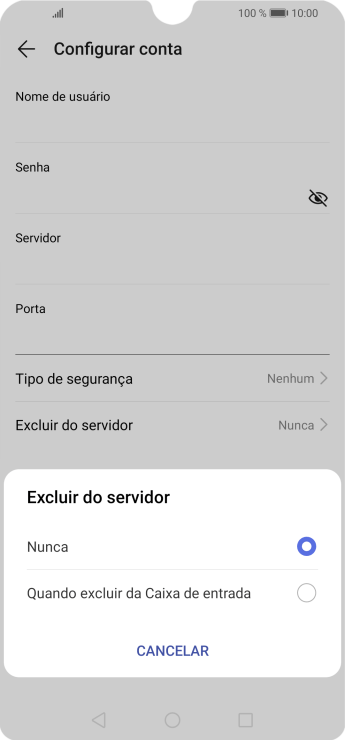 Pressione Nunca para manter os e-mails no servidor, quando você apagá-los do celular. Pressione Nunca para manter os e-mails no servidor, quando você apagá-los do celular.