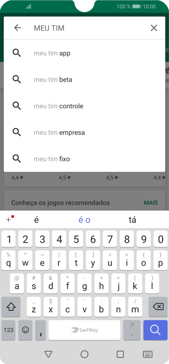 Digite MEU TIM, e pressione o ícone de busca. Digite MEU TIM, e pressione o ícone de busca.