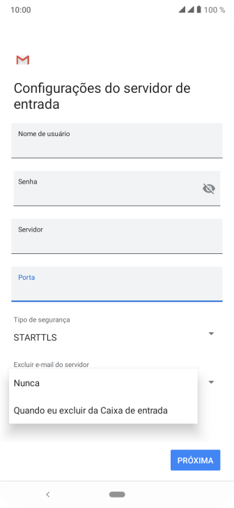 Pressione Nunca para manter os e-mails no servidor, quando você apagá-los do celular. Pressione Nunca para manter os e-mails no servidor, quando você apagá-los do celular.