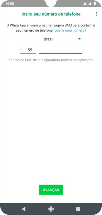 Pressione AVANÇAR. Aguarde até que o celular receba uma SMS para confirmar seu número de telefone. Pressione AVANÇAR. Aguarde até que o celular receba uma SMS para confirmar seu número de telefone.