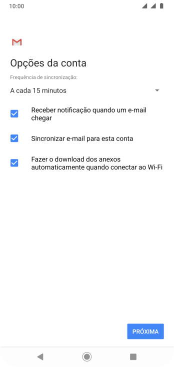 Se a tela mostrar essa imagem, sua conta foi reconhecida e configurada automaticamente. Siga as instruções da tela para inserir mais informações e finalizar a configuração. Se a tela mostrar essa imagem, sua conta foi reconhecida e configurada automaticamente. Siga as instruções da tela para inserir mais informações e finalizar a configuração.