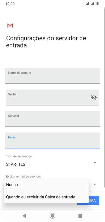 Pressione Nunca para manter os e-mails no servidor, quando você apagá-los do celular. Pressione Nunca para manter os e-mails no servidor, quando você apagá-los do celular.