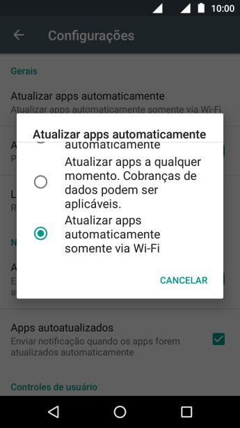 Pressione Atualizar apps automaticamente via Wi-Fi para ativar a função. Pressione Atualizar apps automaticamente via Wi-Fi para ativar a função.