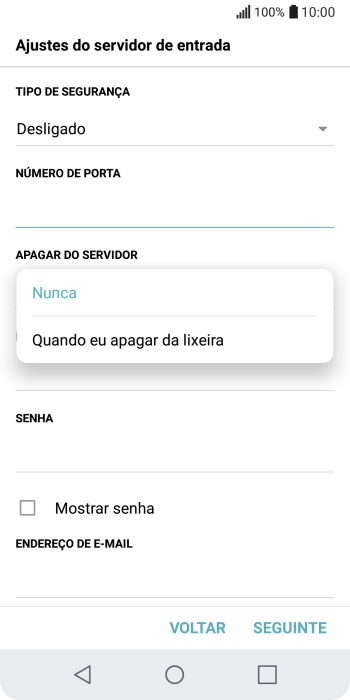 Pressione Nunca para manter os e-mails no servidor, quando você apagá-los do celular. Pressione Nunca para manter os e-mails no servidor, quando você apagá-los do celular.