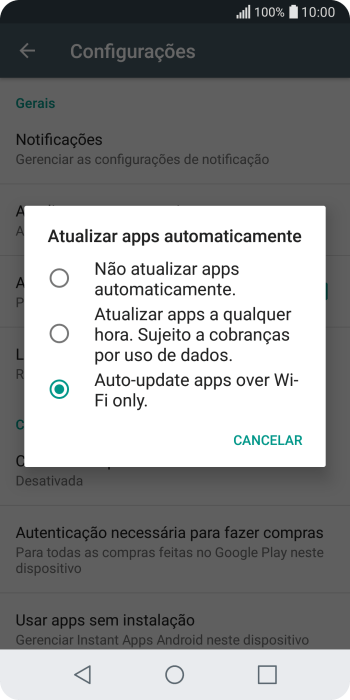 Para desativar a atualização automática de apps, você deve pressionar Não atualizar apps automaticamente.. Para desativar a atualização automática de apps, você deve pressionar Não atualizar apps automaticamente..