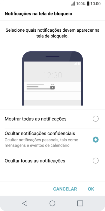 Repita o código de bloqueio do celular selecionado, e pressione a configuração desejada. Repita o código de bloqueio do celular selecionado, e pressione a configuração desejada.