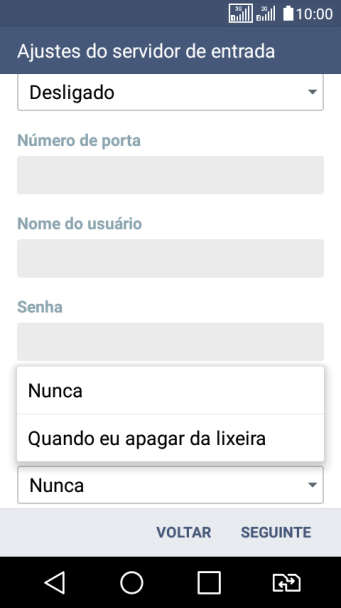 Pressione Nunca para manter os e-mails no servidor, quando você apagá-los do celular. Pressione Nunca para manter os e-mails no servidor, quando você apagá-los do celular.
