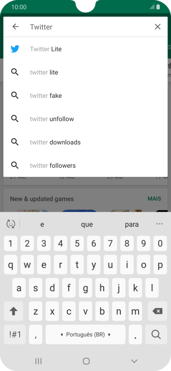 Digite Twitter e pressione o ícone de busca. Digite Twitter e pressione o ícone de busca.