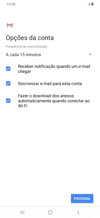 Se a tela mostrar essa imagem, sua conta foi reconhecida e configurada automaticamente. Siga as instruções da tela para inserir mais informações e finalizar a configuração. Se a tela mostrar essa imagem, sua conta foi reconhecida e configurada automaticamente. Siga as instruções da tela para inserir mais informações e finalizar a configuração.