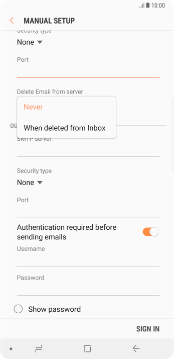 Press Never to keep email messages on the server when you delete them on your phone. Press Never to keep email messages on the server when you delete them on your phone.