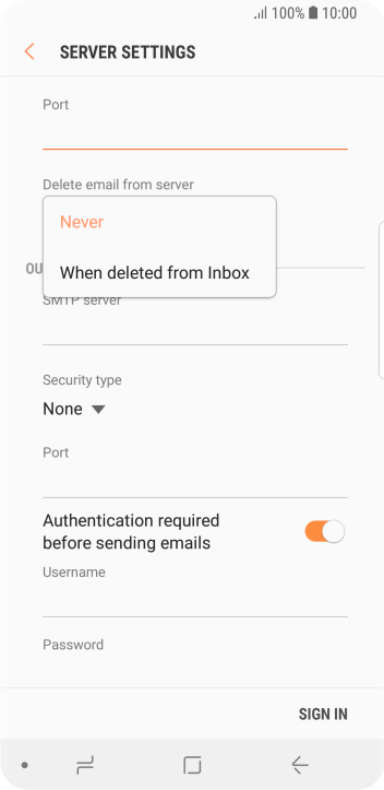 Press Never to keep email messages on the server when you delete them on your phone. Press Never to keep email messages on the server when you delete them on your phone.