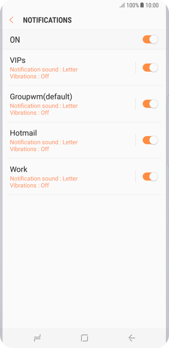 Press the indicator next to the required email account to turn the function on or off. Press the indicator next to the required email account to turn the function on or off.