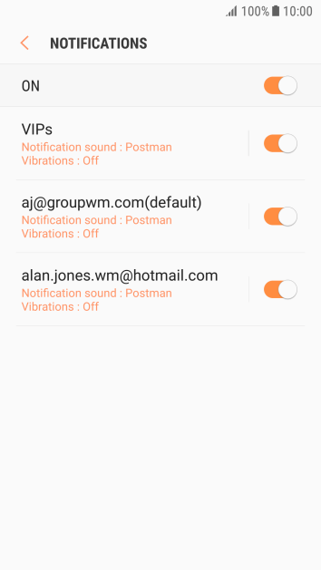 Press the indicator next to the required email account to turn the function on or off. Press the indicator next to the required email account to turn the function on or off.