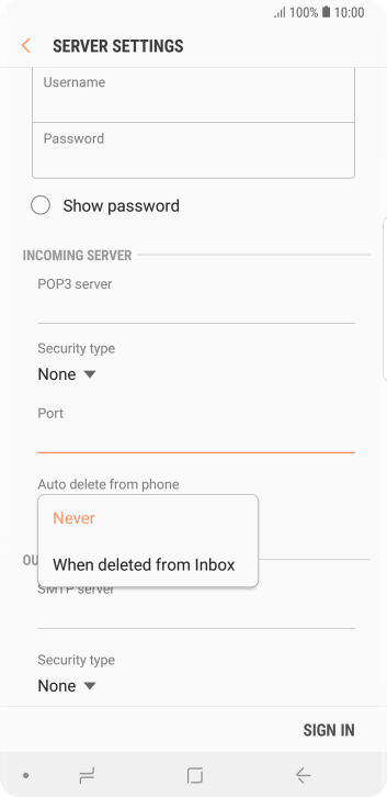 Press Never to keep email messages on the server when you delete them on your phone. Press Never to keep email messages on the server when you delete them on your phone.