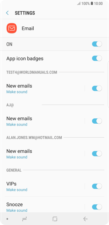 Press the indicator next to the required email account to turn the function on or off. Press the indicator next to the required email account to turn the function on or off.