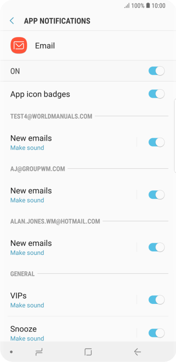 Press the indicator next to the required email account to turn the function on or off. Press the indicator next to the required email account to turn the function on or off.
